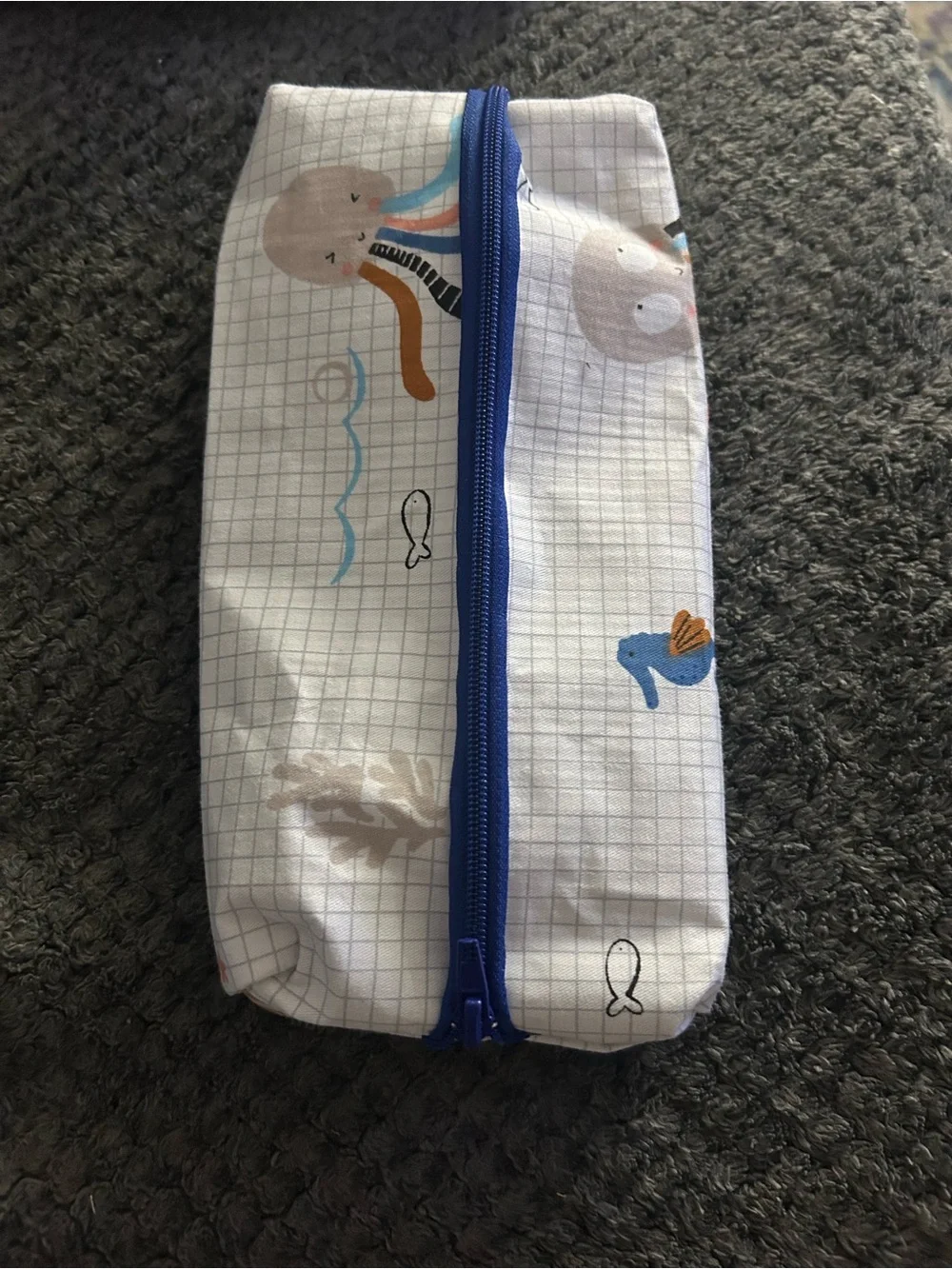 Hand Crafted White Pencil Pouch with Blue Zipper and Multicolor Sea Motifs